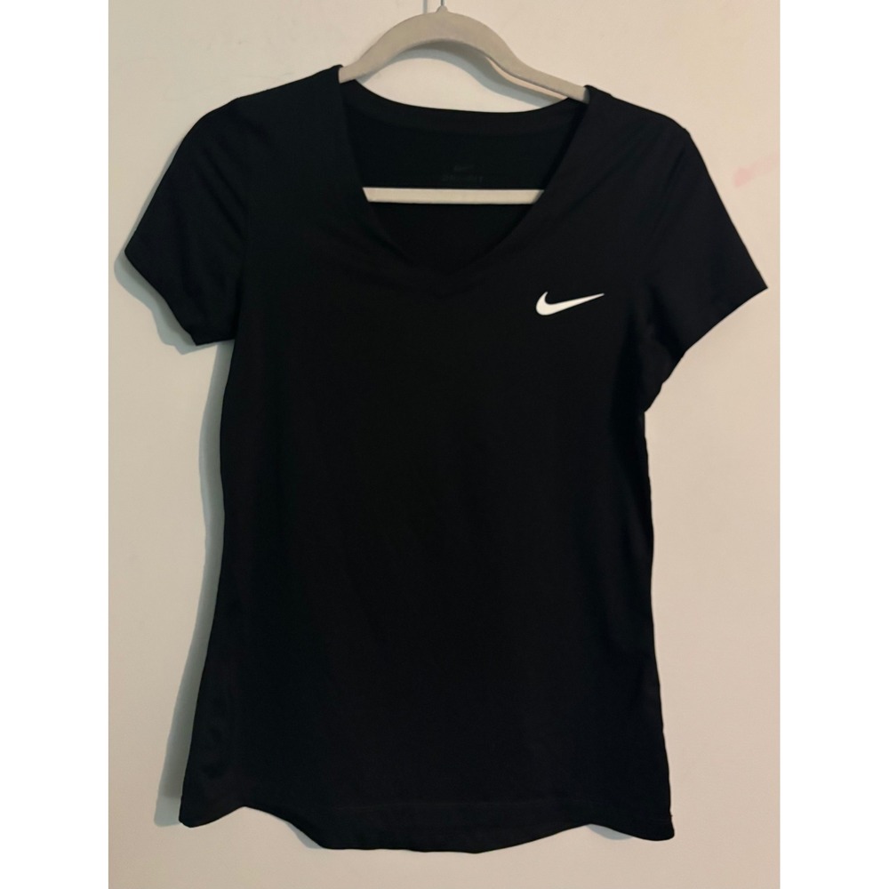 Nike Dri-Fit Womens Medium Black V-Neck Short Sleeve White Logo Tee Athleisure